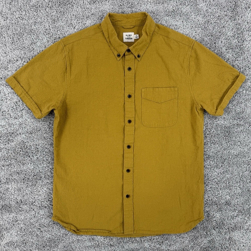 Flint And Tinder Shirt Men M Yellow Cotton Linen Short Sleeve Button Up Textured